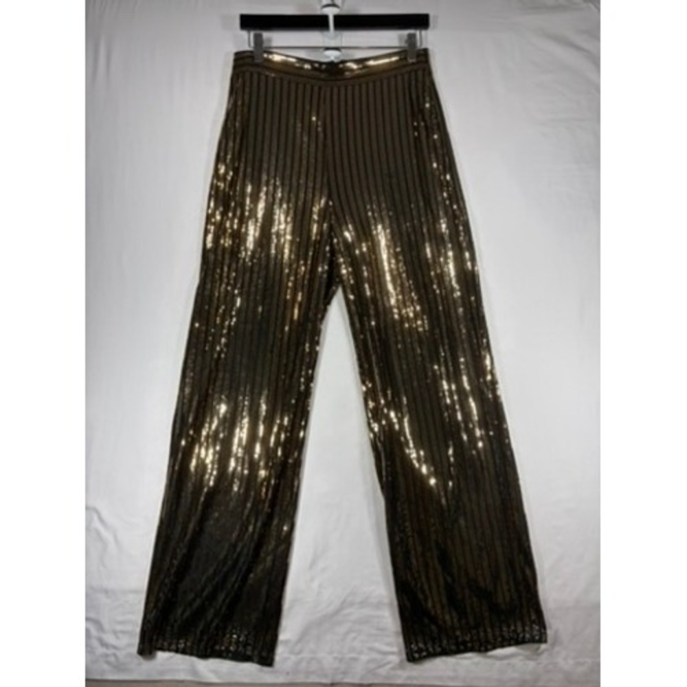 Guess Sequin Wide Leg Pants Womens Size M Gold Black Striped High Rise Excellent